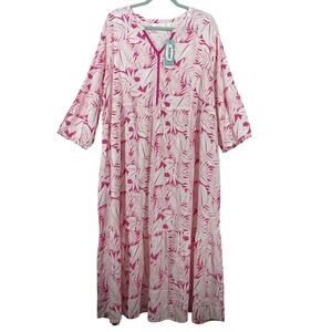 National Plus Size 2X Midi Dress Pink White Tropical Tiered Resort Wear Viscose